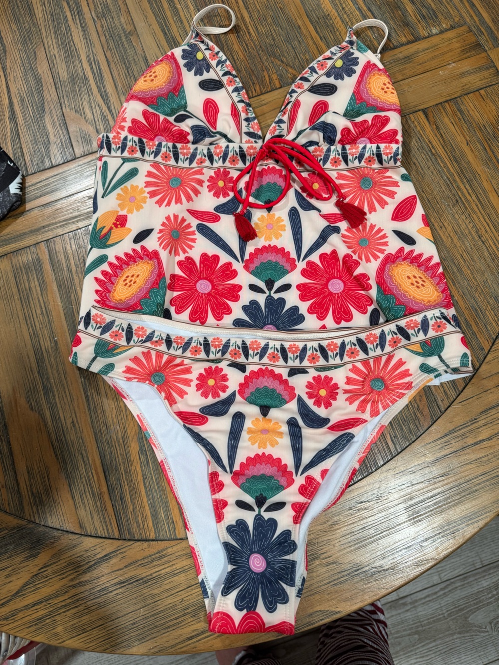 Floral One-Piece Tankini Swim Suit - Red Multicolor